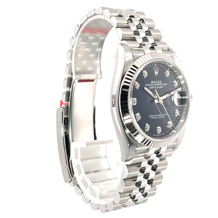 Rolex Datejust 36 Oystersteel Weißgold 126234 mit blauem Riffelmuster und Diamanten auf Jubile-Band