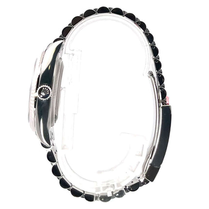 Seitenansicht Rolex Datejust 36 Oystersteel Weißgold 126234 mit blauem Zifferblatt und Jubile-Band