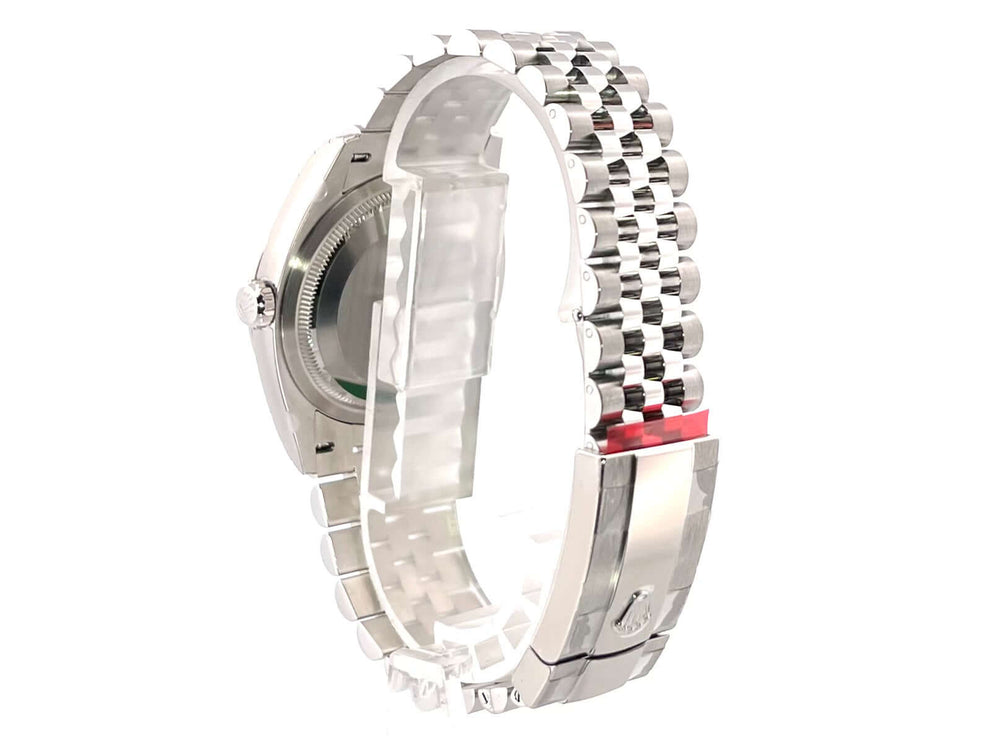Rückseite des Rolex Datejust 36 Oystersteel Weißgold 126234 mit Jubile-Band und Faltschließe, Edelstahldesign en détail, poliert und satiniert
