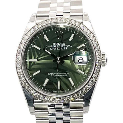 Rolex Datejust 36 Weißgold Diamant 126284RBR oliv Palmenmuster Jubile-Band Edelstahl Zifferblatt, Automatik, Datumsanzeige.