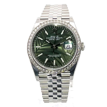 Rolex Datejust 36 Weißgold mit Diamanten 126284RBR Oliv Palmenmuster, Jubilé-Band, 36mm Edelstahlgehäuse, Datum, Automatikuhr