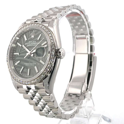 Rolex Datejust 36 Weißgold Diamant 126284RBR mit olivgrünem Palmenmuster Zifferblatt und Jubile-Edelstahlband