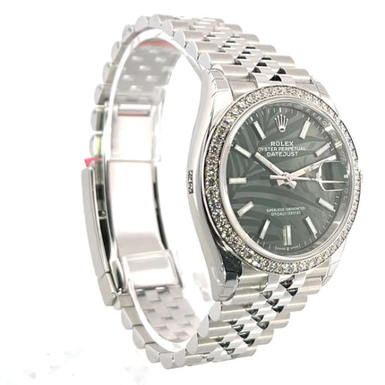 Rolex Datejust 36 Weißgold Diamant 126284RBR mit olivgrünem Palmenmuster-Zifferblatt und Jubile-Edelstahlband