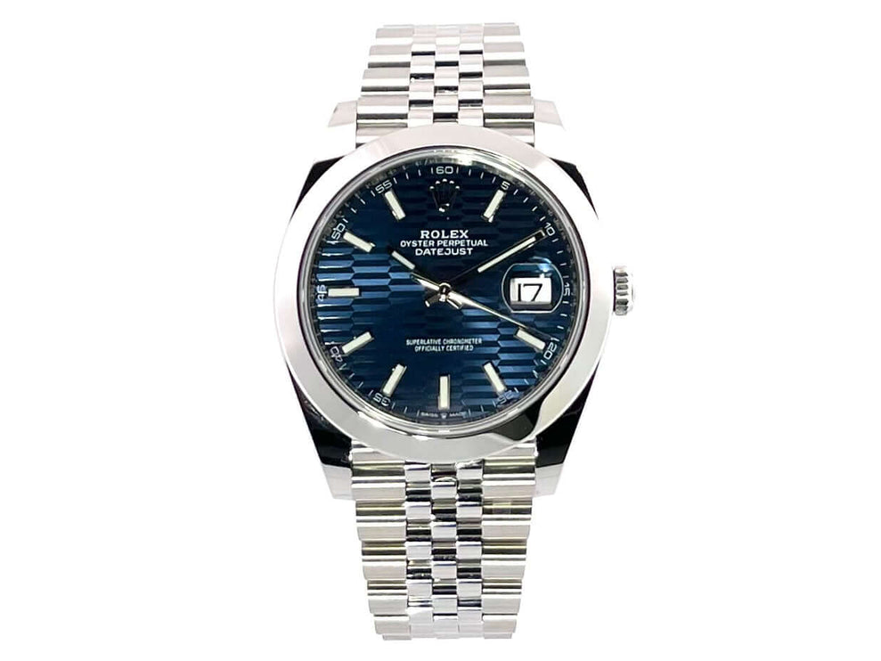 Rolex Datejust 41 Ref. 126300 Edelstahl Blaues Riffelmuster Zifferblatt Jubile-Band, poliert und satiniert, 41 mm Gehäusedurchmesser