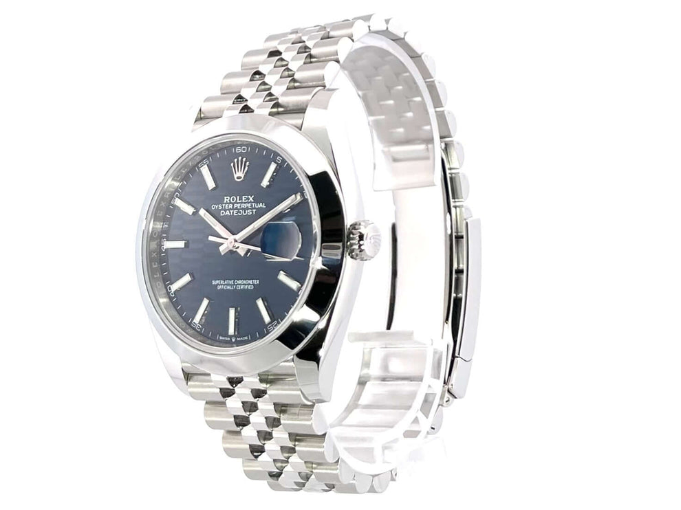 Rolex Datejust 41 Edelstahl 126300 Blau Riffelmuster Jubile-Band, poliertes und satiniertes Gehäuse, blaues Zifferblatt, Automatikwerk.