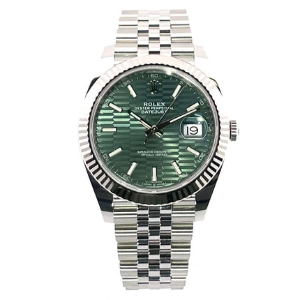 Rolex Datejust 41 Edelstahl Weißgold 126334 mit Mint Green Riffelmuster Zifferblatt und Edelstahl Jubile Armband