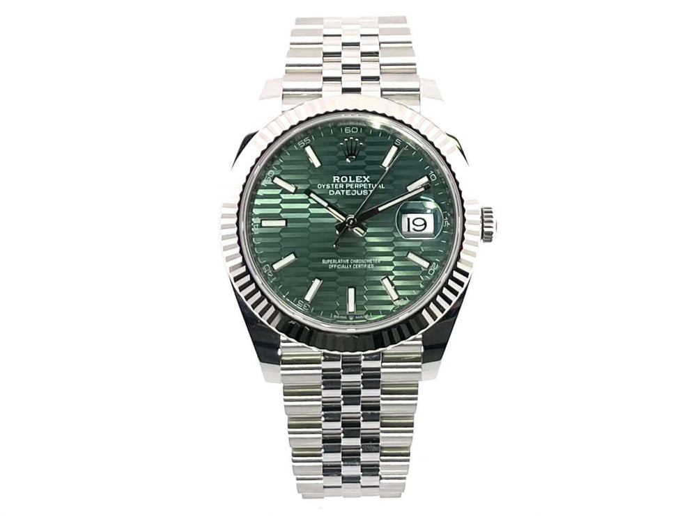 Rolex Datejust 41 Edelstahl Weißgold 126334 mit Mint Green Riffelmuster Zifferblatt und Edelstahl Jubile Armband