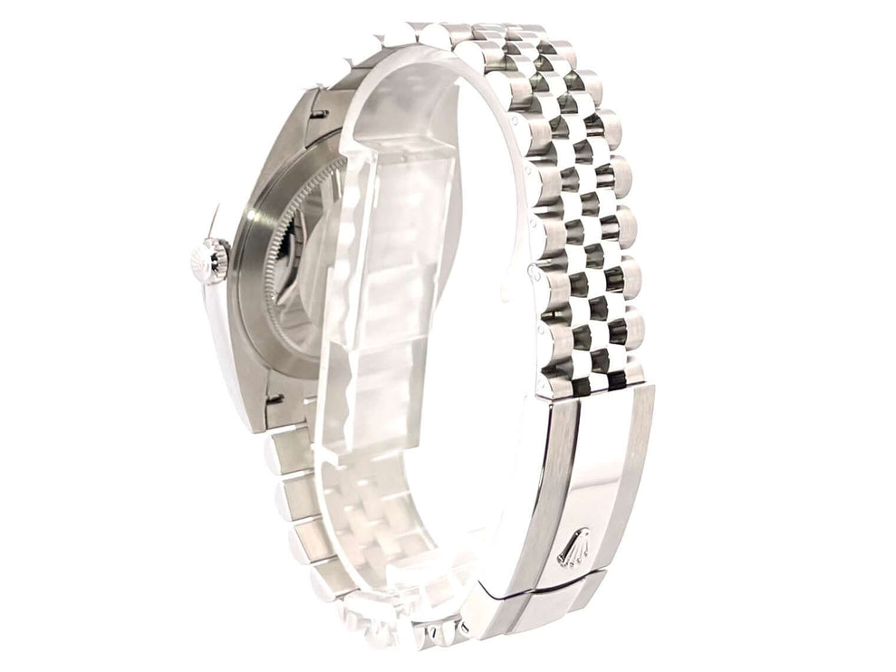 Rückansicht Rolex Datejust 41 Edelstahl Weißgold 126334 mit geriffeltem Mint Green Zifferblatt, Jubilé-Armband und Faltschließe.
