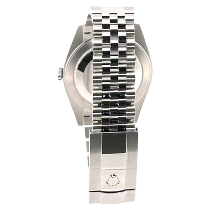Rückansicht eines Rolex Datejust 41 mit Edelstahl-Jubile-Armband und Faltschließe.