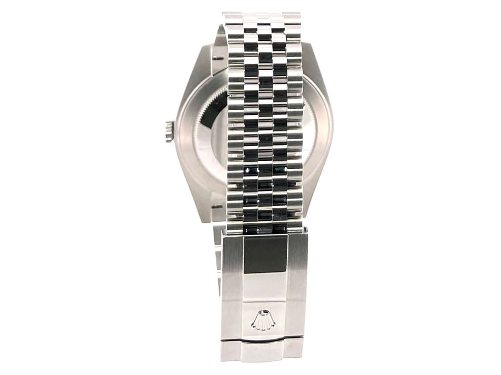 Rückansicht eines Rolex Datejust 41 mit Edelstahl-Jubile-Armband und Faltschließe.