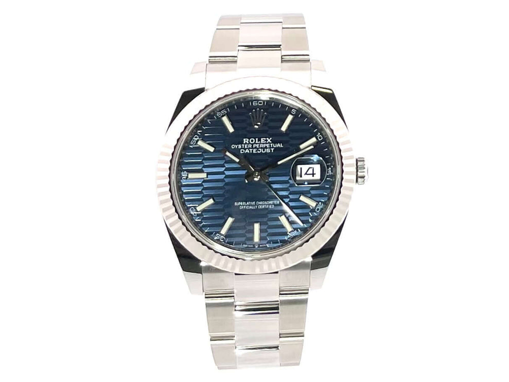 Rolex Datejust 41 Ref. 126334, Edelstahl, Weißgold, Blaues Riffelmuster Zifferblatt, 41mm, Oyster Armband, Leuchtindizes, Automatikwerk.