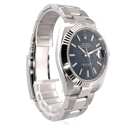 Rolex Datejust 41 Ref. 126334 Edelstahl Weißgold blaues Zifferblatt Riffelmuster Oyster Armband, Luxusuhr, 41 mm Gehäusedurchmesser.