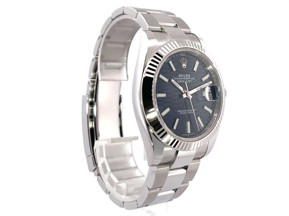 Rolex Datejust 41 Ref. 126334 Edelstahl Weißgold blaues Zifferblatt Riffelmuster Oyster Armband, Luxusuhr, 41 mm Gehäusedurchmesser.