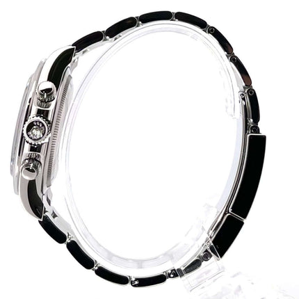 Rolex Daytona Edelstahl 126500LN Weiß Seitenansicht mit poliertem und satiniertem Edelstahlgehäuse und Keramik Lünette.