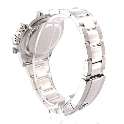 Rückansicht des Rolex Daytona Edelstahl 126500LN mit poliertem und satiniertem Oyster Edelstahl Armband und geschraubter Krone.