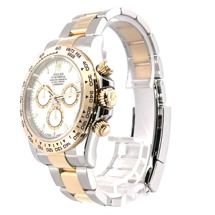 Rolex Daytona Edelstahl 126503 Weiß mit 18 kt Gelbgold, 40 mm Gehäuse, Tachymeterskala, weißes Zifferblatt und Oyster-Armband.