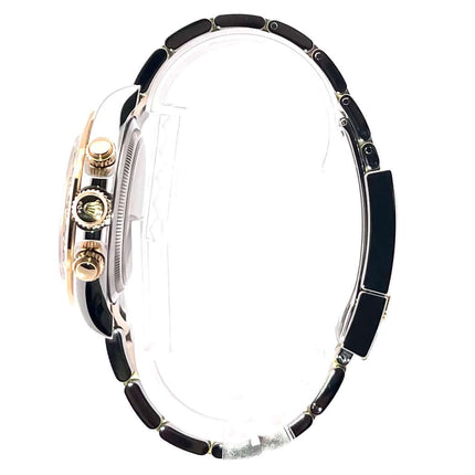 Rolex Daytona 126503 Seitenansicht Edelstahl-Gold-Armband und Gehäuse, Champagner-Zifferblatt, luxuriöse Uhrendetails