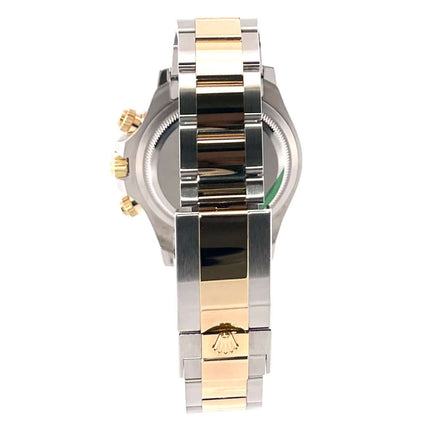 Rückseite der Rolex Daytona Edelstahl-Gelbgold 126503 Champagner mit poliertem und satiniertem Armband, Sicherheitsfaltschließe und Tachymeterskala.