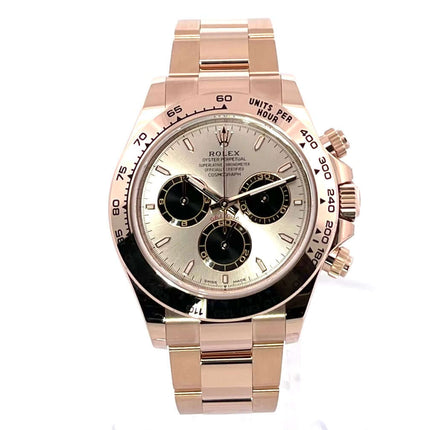 Rolex Cosmograph Daytona 126505 Everose-Gold Sundust Uhr mit schwarzem Zifferblatt, 18 kt Everose-Gold Gehäuse und Armband.