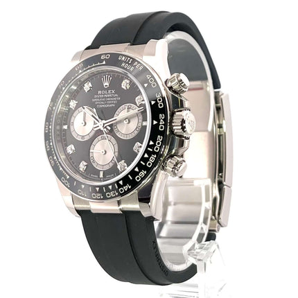 Rolex Daytona 126519LN Weißgold Oysterflex Schwarz Diamant, schwarzes Zifferblatt mit grauen Totalisatoren und Keramik Lünette