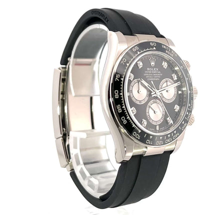 Rolex Daytona 126519LN Weißgold Oysterflex mit schwarzem Zifferblatt und Diamant-Indizes, 40 mm Gehäuse, Keramik Lünette, Automatikuhr.