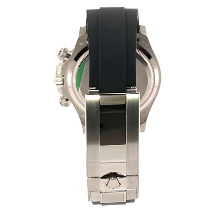 Rückansicht der Rolex Daytona 126519LN Weißgold Oysterflex Schwarz Diamant mit 18 kt Weißgold Faltschließe.