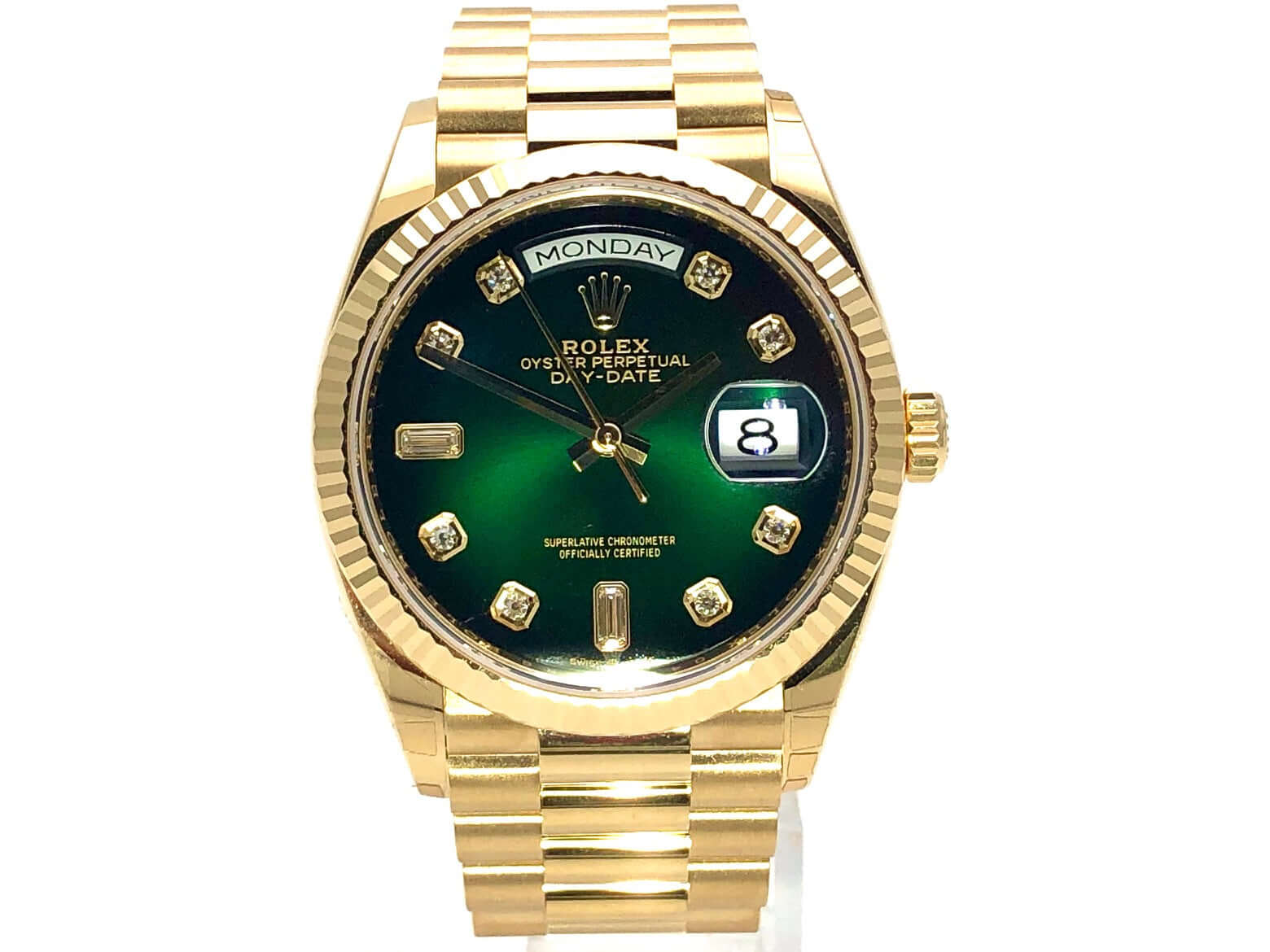 Rolex Day-Date 36 Gelbgold 128238 Grün ombre Diamant – Uhren2000