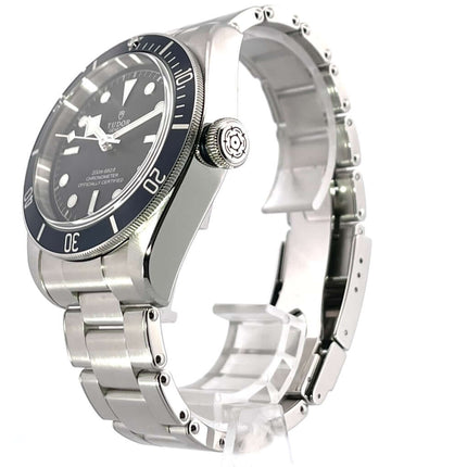 Tudor Heritage Black Bay 79230B-0008 Edelstahlgehäuse, schwarze Zifferblatt, blaue Lünette, 41 mm Durchmesser, Edelstahlband.