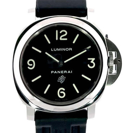 Panerai Luminor Base Logo PAM00000 Herrenarmbanduhr mit poliertem Edelstahlgehäuse, schwarzem Kautschukband und schwarzem Zifferblatt.