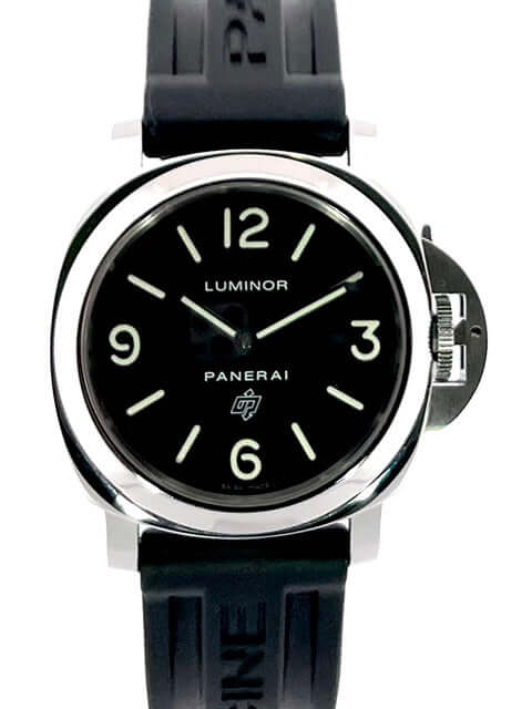 Panerai Luminor Base Logo PAM00000 Herrenarmbanduhr mit poliertem Edelstahlgehäuse, schwarzem Kautschukband und schwarzem Zifferblatt.