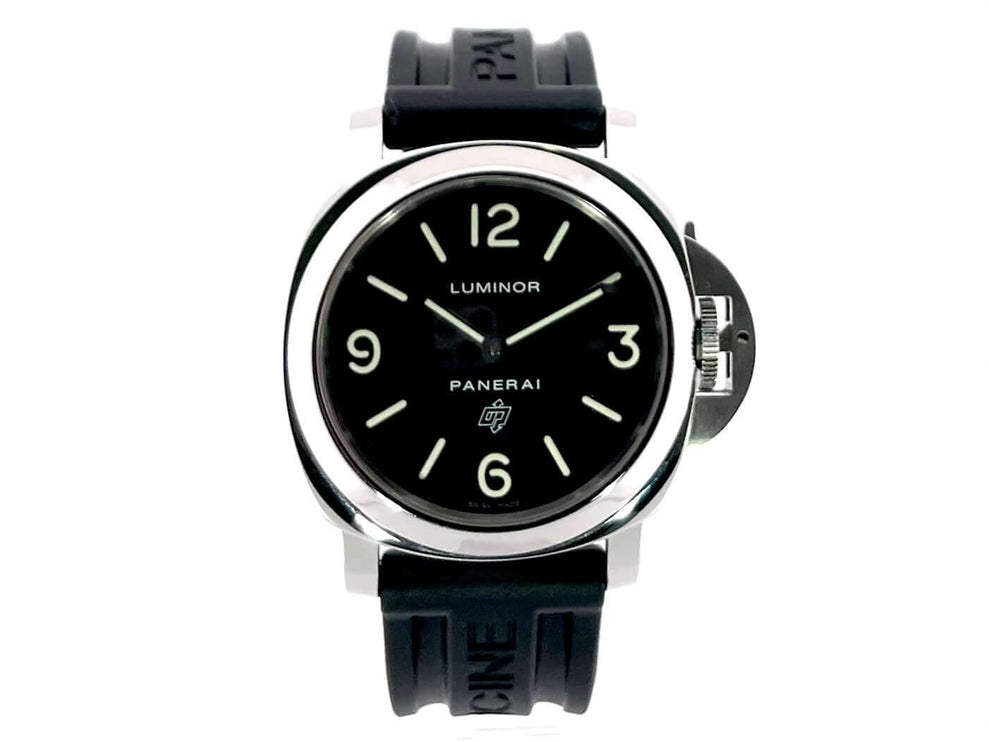 Panerai Luminor Base Logo PAM00000, poliertes Edelstahl-Gehäuse, schwarzes Kautschukband, schwarzes Zifferblatt mit arabischen Ziffern und Leuchtindizes