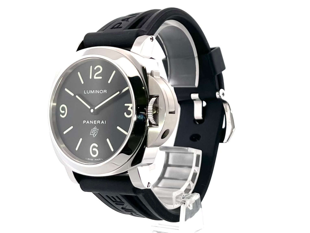 Panerai Luminor Base Logo PAM00000 mit Edelstahlgehäuse und schwarzem Kautschukarmband, arabische Ziffern, Handaufzugswerk.