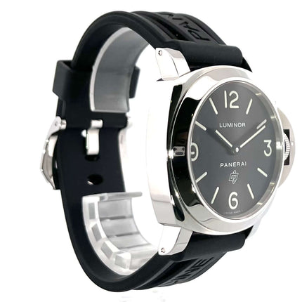 Panerai Luminor Base Logo PAM00000, poliertes Edelstahlgehäuse, schwarzes Kautschukband, 44 mm Durchmesser, schwarzes Zifferblatt mit arabischen Zahlen