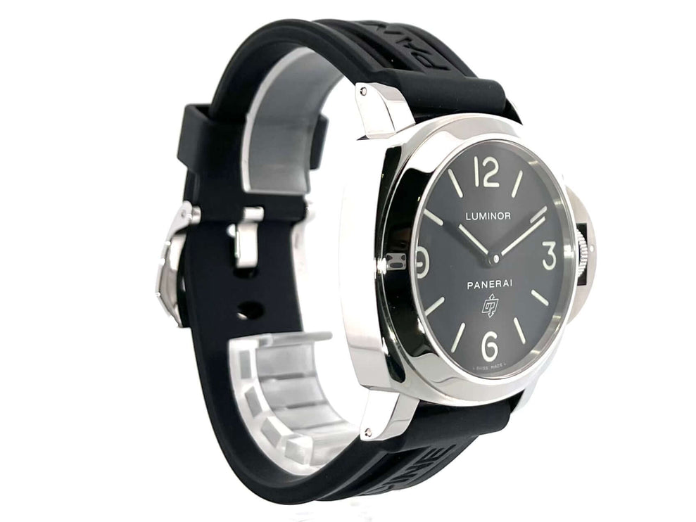 Panerai Luminor Base Logo PAM00000, poliertes Edelstahlgehäuse, schwarzes Kautschukband, 44 mm Durchmesser, schwarzes Zifferblatt mit arabischen Zahlen