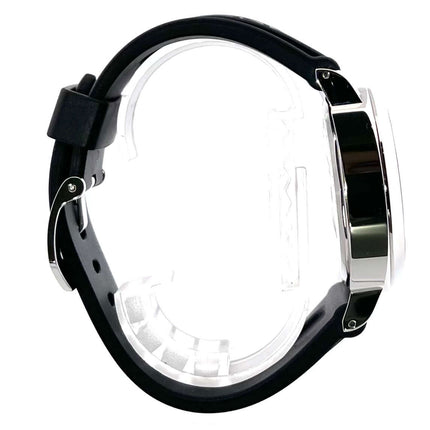 Panerai Luminor Base Logo PAM00000, Seitenansicht des polierten Edelstahlgehäuses mit schwarzem Kautschukband.