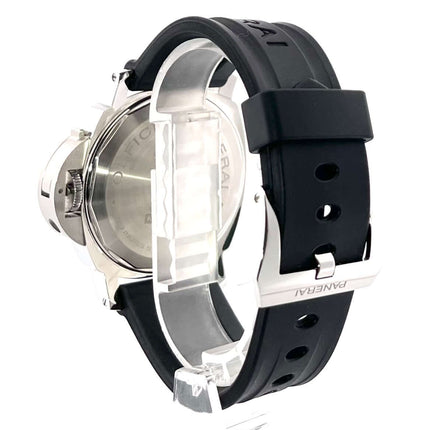 Rückansicht der Panerai Luminor Base Logo PAM00000 mit poliertem Edelstahlgehäuse und schwarzem Kautschukband