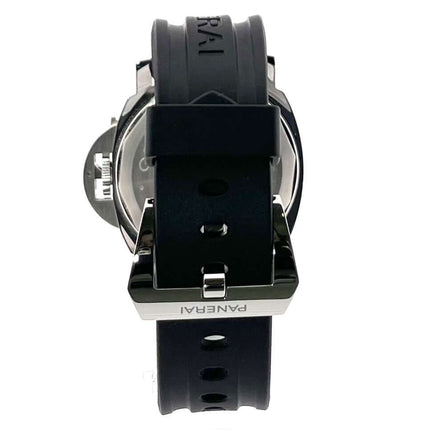 Rückseite der Panerai Luminor Base Logo PAM00000 mit schwarzem Kautschukarmband und Dornschließe.
