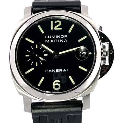 Panerai Luminor Marina PAM00048 Automatikuhr, Edelstahlgehäuse, schwarzes Zifferblatt mit arabischen Leuchtziffern, Kautschukband.