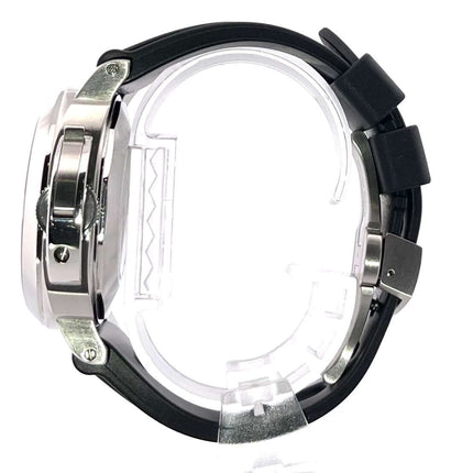 Panerai Luminor Marina PAM00048 Seitenansicht mit Edelstahlgehäuse und schwarzem Kautschukband