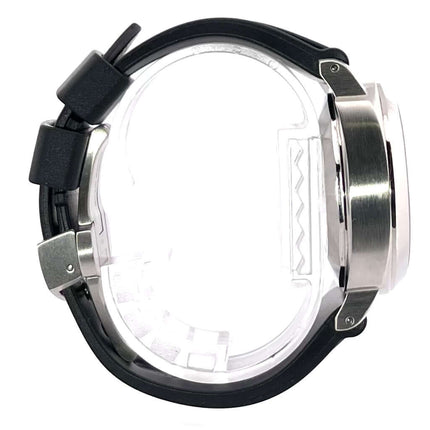 Panerai Luminor Marina PAM00048 mit Edelstahlgehäuse und schwarzem Kautschukband, Seitenansicht.