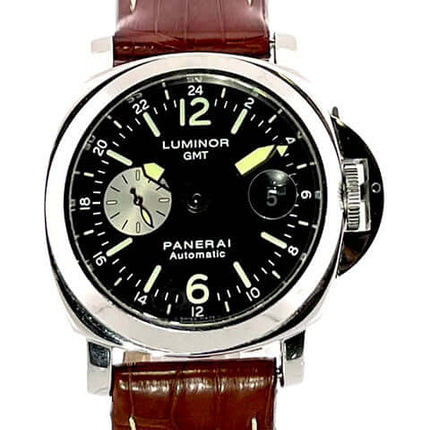 Panerai Luminor GMT Automatic Acciaio PAM00088 aus 2002, Edelstahlgehäuse, braunes Lederband, schwarzes Zifferblatt, Chronometer-Herrenuhr