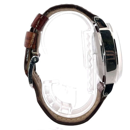 Panerai Luminor GMT Automatic Acciaio PAM00088 Seitenansicht, Edelstahlgehäuse, braunes Lederband, Dornschließe