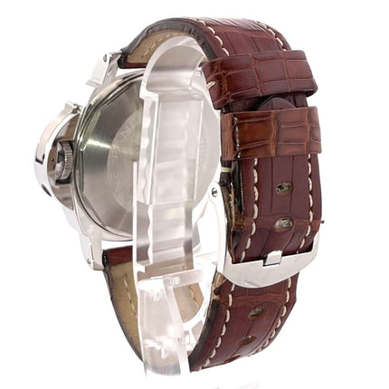 Panerai Luminor GMT Automatic Acciaio PAM00088 mit braunem Lederband und poliertem Edelstahlgehäuse.