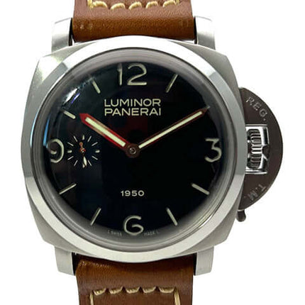 Panerai Luminor 1950 PAM00127 mit Edelstahlgehäuse, schwarzem Zifferblatt, braunem Lederarmband und kleiner Sekundenanzeige bei 9 Uhr.