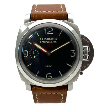 Panerai Luminor 1950 PAM00127 Uhr mit Edelstahlgehäuse und braunem Lederarmband, schwarzes Zifferblatt mit arabischen Ziffern, 47 mm Gehäusedurchmesser