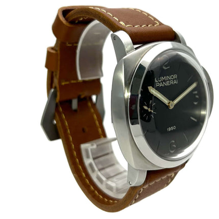 Panerai Luminor 1950 PAM00127 Uhr, Edelstahlgehäuse, schwarzes Zifferblatt, braunes Lederarmband, Handaufzugwerk.