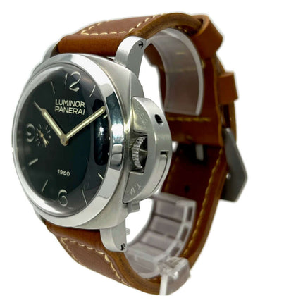 Panerai Luminor 1950 PAM00127, Edelstahlgehäuse, schwarzes Zifferblatt, Lederarmband.