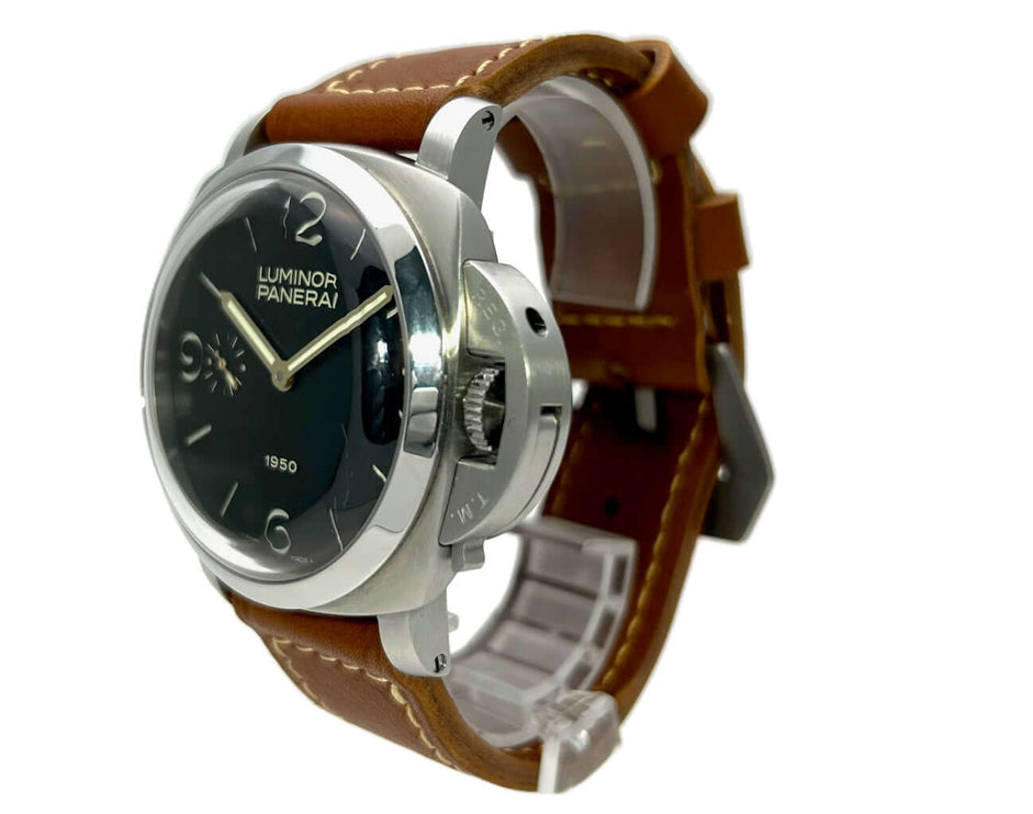 Panerai Luminor 1950 PAM00127, Edelstahlgehäuse, schwarzes Zifferblatt, Lederarmband.