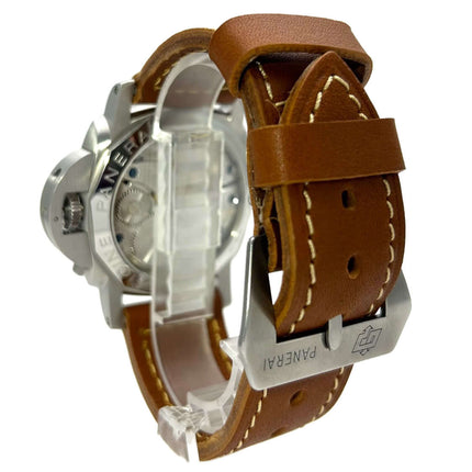 Panerai Luminor 1950 PAM00127 Rückseite, Edelstahlgehäuse und -schließe, braunes Lederarmband, detaillierte Gravur sichtbar.