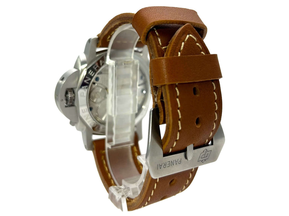 Panerai Luminor 1950 PAM00127 Rückseite, Edelstahlgehäuse und -schließe, braunes Lederarmband, detaillierte Gravur sichtbar.